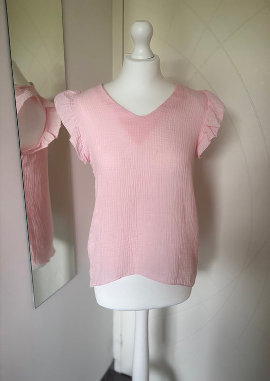 Top col V gaze de coton manches volantées rose