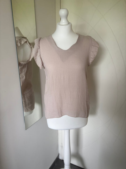 Top col V gaze de coton manches volantées beige