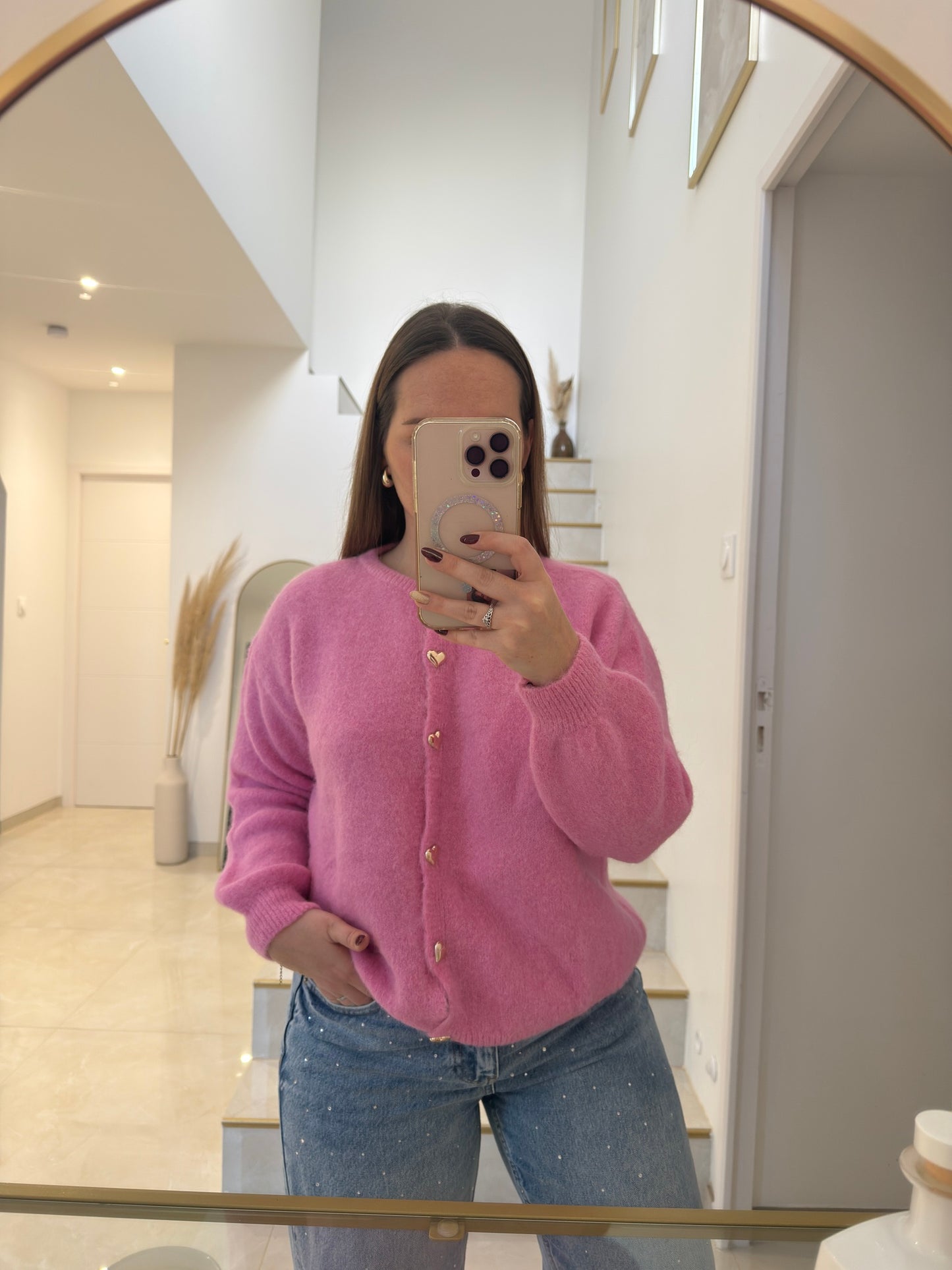 Cardigan femme en alpaga & laine rose