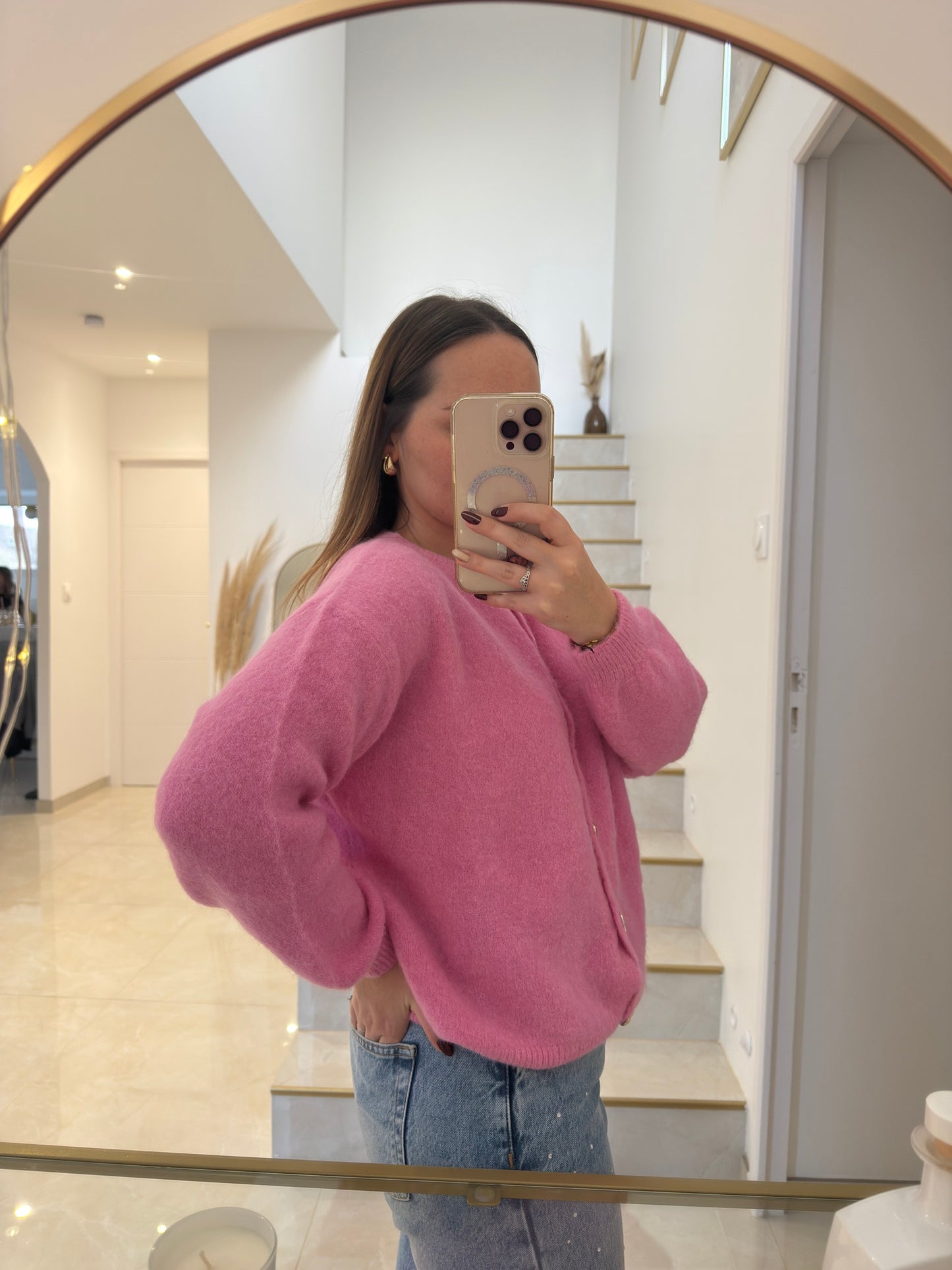 Cardigan femme en alpaga & laine rose