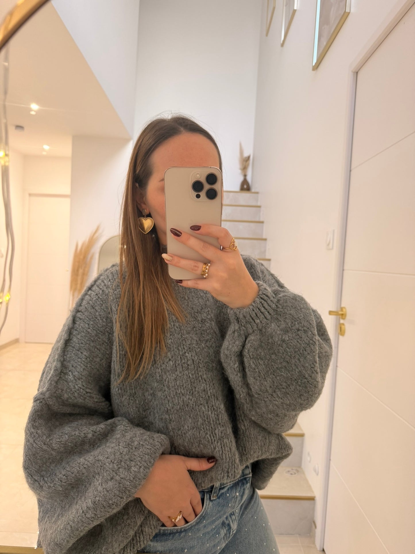 Pull oversize à col roulé gris