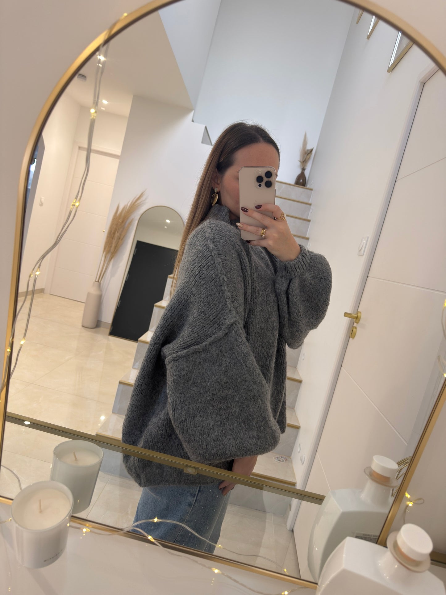 Pull oversize à col roulé gris