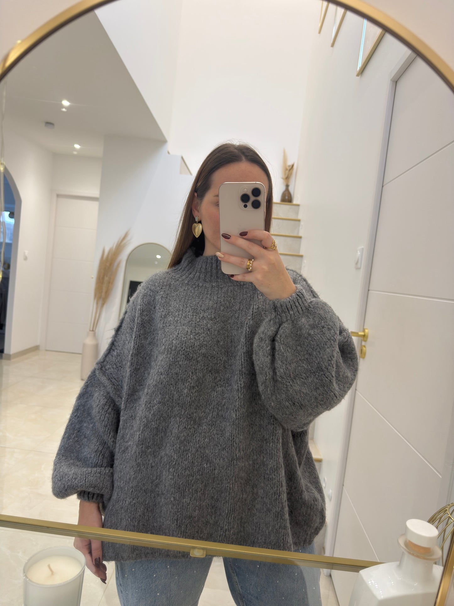 Pull oversize à col roulé gris