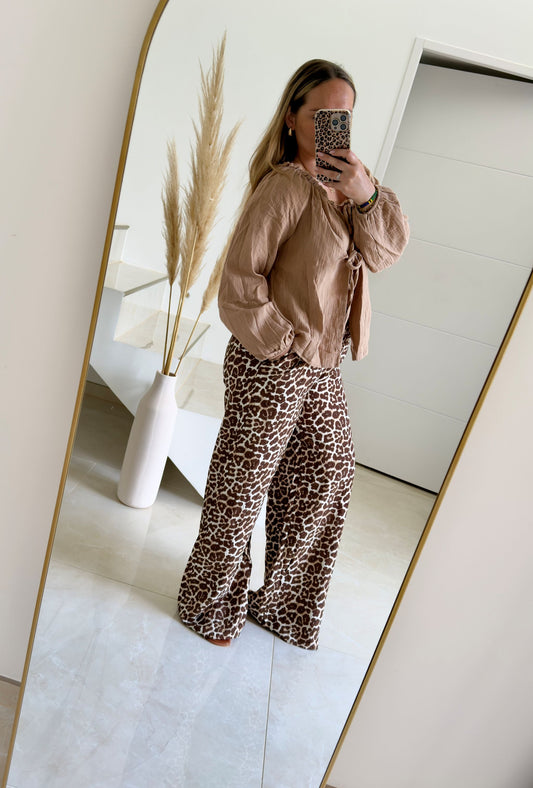 Top col bardot à noeuds en gaze de coton beige